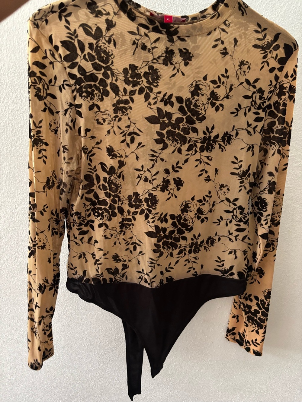 Guess Beige Floral Long Sleeve Bodysuit with Black Trim